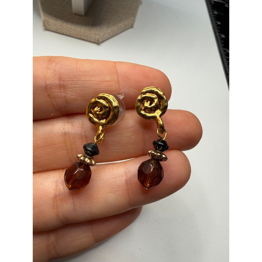 Vintage‎ Gold Tone Rose Stud Amber Faceted Bead Drop Earrings Black Accent